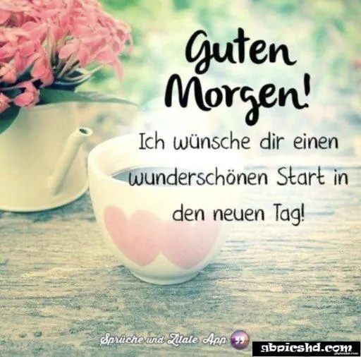 Tasse mit Herz und Blumen im Hintergrund, "Guten Morgen" steht darauf.
