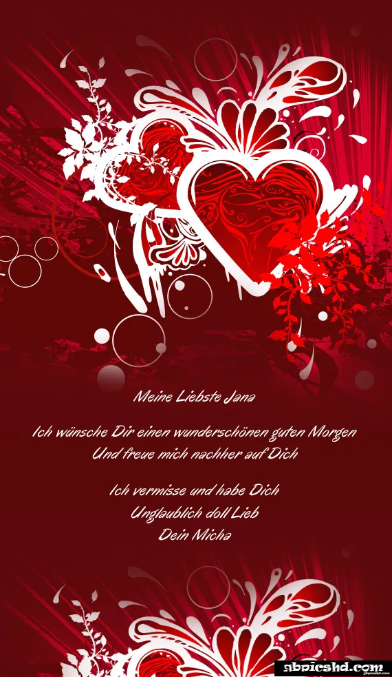 Rote herzförmige Grafik mit floralem Muster und liebevollen Texten in deutscher Sprache.