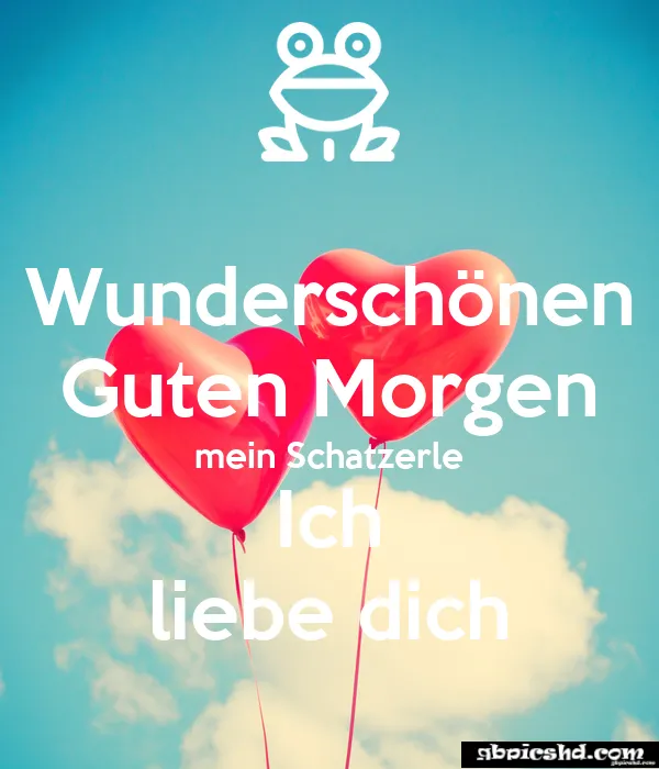 Roter Herzballon mit dem Text "Guten Morgen, ich liebe dich" und einer Froschgrafik.