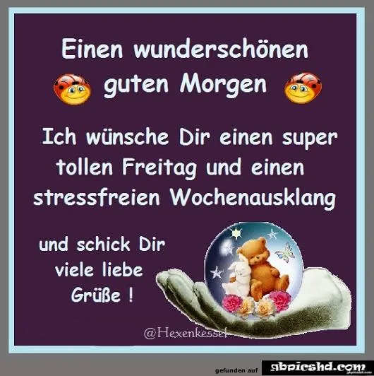 Text auf einem Bild mit freundlichem Morgenwunsch und Glücksbringer-Dekoration.